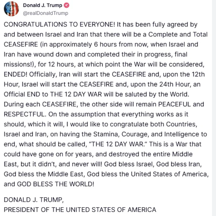 Trump tweet on iran israel ceasefire